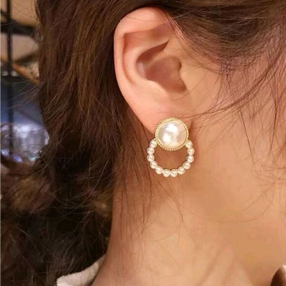 Gold white pearl earrings dainty casual or formal hoop stud small 💖2/$30 - Picture 1 of 14